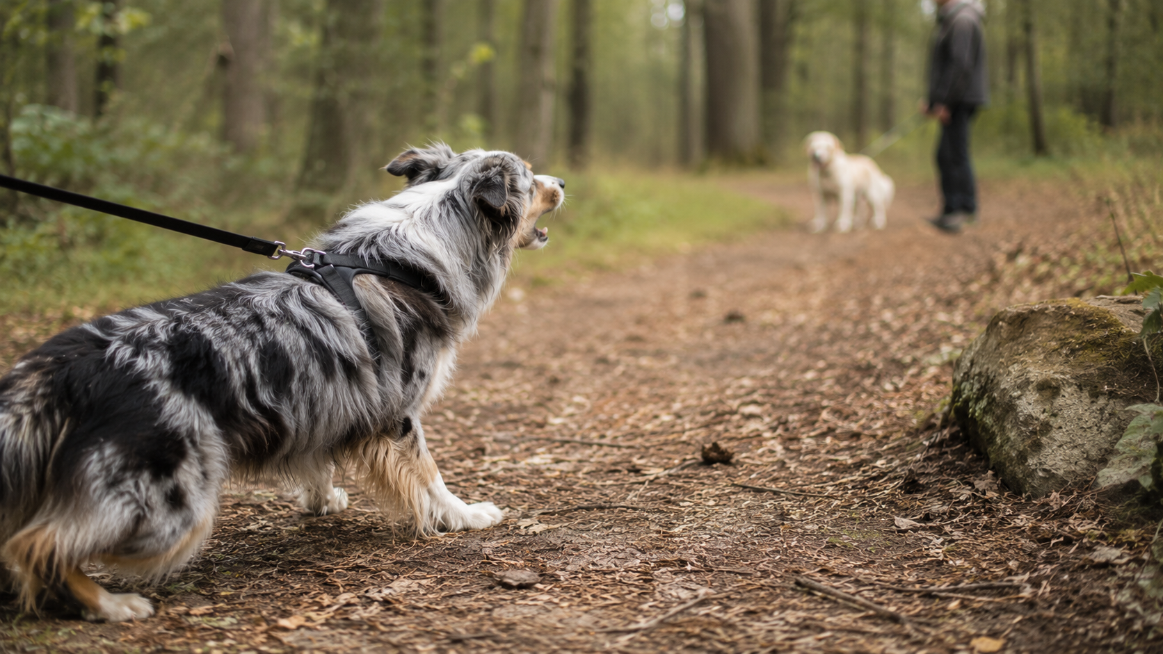 chien qui réagit en aboyant sur un autre chien pour parler de la rééducation